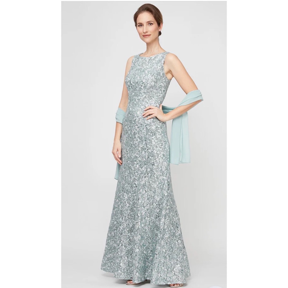 Alex Evenings Ice Sage Sequin Lace Gown with Shawl 81122556 Size 4 NWT